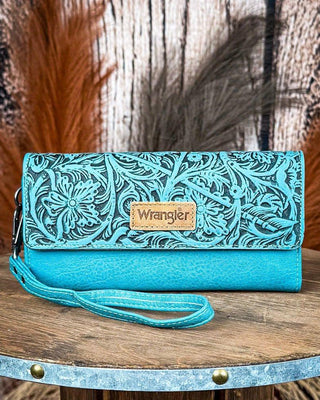 Delaney Tooled Wristlet Wallet in Turquoise by Wrangler – Purses & Wallets from Bronco Western Supply Co.