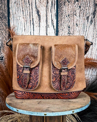 Desert Bloom Tooled Hairon Shoulder Bag in Brown by Trinity Ranch – Purses & Wallets from Bronco Western Supply Co.