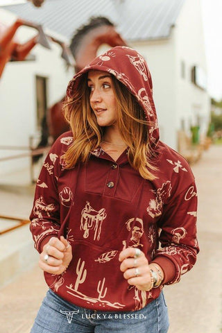 Desert Rodeo Graphic Hoodie – Burgundy Western Pullover – Apparel from Bronco Western Supply Co.