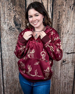 Desert Rodeo Graphic Hoodie – Burgundy Western Pullover – Apparel from Bronco Western Supply Co.