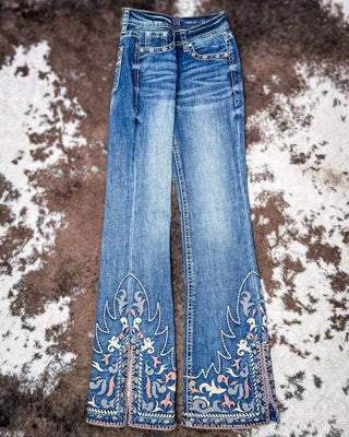 Desert Scroll Easy Flare Jeans in Dark Wash by Grace in LA – Apparel from Bronco Western Supply Co.