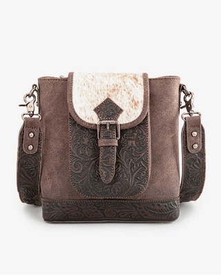 Dusty Trail Tooled Hairon Crossbody Bag in Coffee by Trinity Ranch – Purses & Wallets from Bronco Western Supply Co.