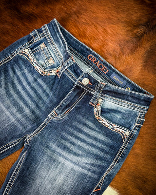 Copper Scroll Embroidered Bootcut Jeans in Dark Wash by Grace in LA