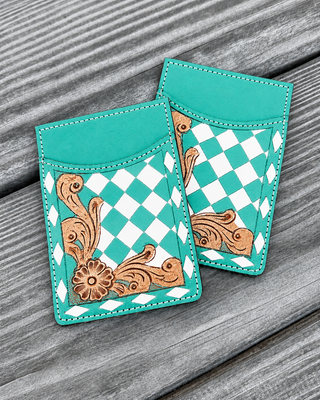 Hadley Checkered Leather Card Holder in Turquoise by Countryside Co.