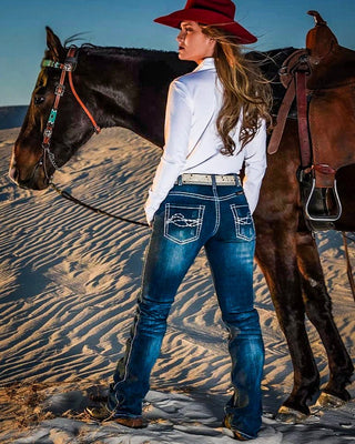Edgy Bootcut Jeans in Medium Wash by Cowgirl Tuff – Apparel from Bronco Western Supply Co.