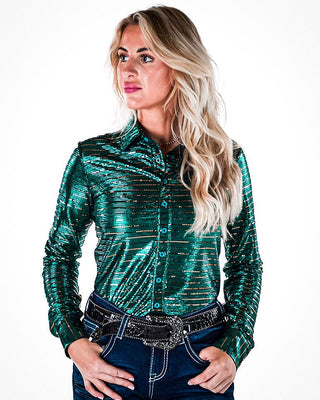 Emerald Shimmer Copper Sequins Pullover Button Up by Cowgirl Tuff – Apparel from Bronco Western Supply Co.