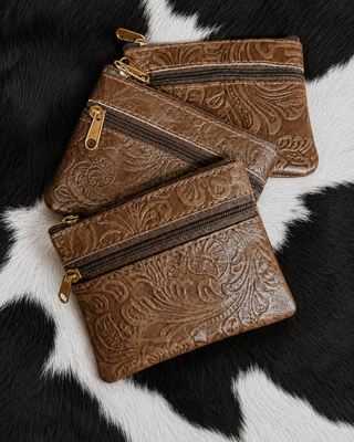 Sadie Embossed Leather Zipper Coin Pouch in Brown by Countryside Co.