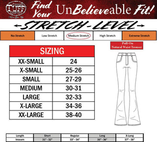 Stretch pants size chart with measurement guide on a white background