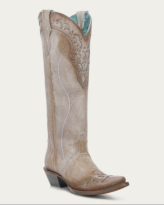 Corral A4768 tall sand snip toe boot with feather embroidery, crackled overlays and studs, full view