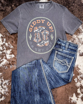 Giddy Up or Get Out Graphic Tee - Pepper – Shirts & Tops from Bronco Western Supply Co.