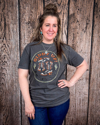 Giddy Up or Get Out Graphic Tee - Pepper – Shirts & Tops from Bronco Western Supply Co.
