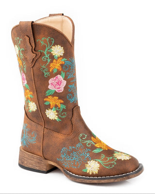 Bailey Floral Little Kids boot by Roper in cognac faux leather, showing colorful floral embroidery across the shaft and vamp, a wide square toe and pull tabs
