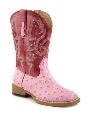 Briar Little Kids boot by Roper with a light pink faux ostrich vamp, deeper fuchsia faux leather shaft, contrasting western stitching and pink pull-tab accents