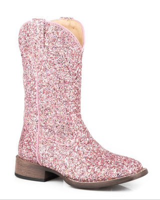 Girl's Little Kids Glitter Galore boot by Roper in an angled view, showing pink multicolor glitter across the vamp and shaft, pink piping, matching pull tabs and a square toe