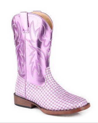 Glitter Gleam Little Kids boot by Roper with a metallic lavender stitched shaft, patterned lavender glitter vamp, pull tabs and a wide square toe