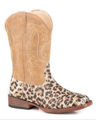 Glitter Leopard Little Kids boot by Roper showing a gold glitter and leopard print vamp, tan stitched shaft, pull tabs and a wide square toe