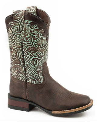 Girl's Little Kids Monterey Swirls boot by Roper, angled view showing a brown leather vamp, turquoise embossed floral shaft, patterned pull tabs and square toe