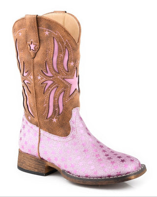 Starlet Little Kids boot by Roper with a pink glitter star-patterned vamp, brown faux leather shaft, pink star underlays and western stitching