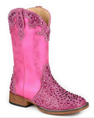 Girl's Starlit western boot by Roper in fuchsia, side view showing embellished crown, toe and heel overlays, a wide square toe and low heel