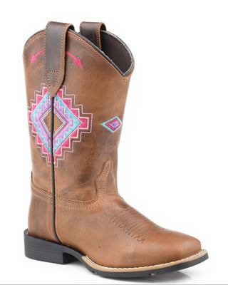 Girl's Sundance boots by Roper, side view showing brown leather, pink turquoise and lavender Aztec shaft embroidery, a square toe and low heel