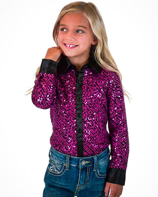 Girls' Pink Sequin Swirls Black Jersey Pullover Button Up by Cowgirl Tuff – Apparel from Bronco Western Supply Co.