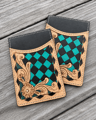 Hadley Checkered Leather Card Holder in Turquoise and Black by Countryside Co. – Purses & Wallets from Bronco Western Supply Co.