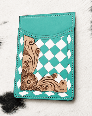 Hadley Checkered Leather Card Holder in Turquoise by Countryside Co. – Purses & Wallets from Bronco Western Supply Co.