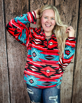 Heritage Plush Fleece Quarter Zip Pullover in Pink Turquoise Aztec – Apparel from Bronco Western Supply Co.
