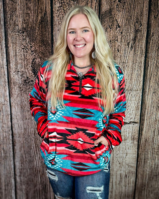 Heritage Plush Fleece Quarter Zip Pullover in Pink Turquoise Aztec – Apparel from Bronco Western Supply Co.