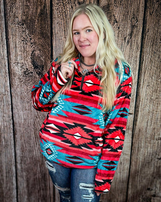 Heritage Plush Fleece Quarter Zip Pullover in Pink Turquoise Aztec – Apparel from Bronco Western Supply Co.