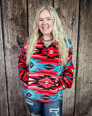 Heritage Plush Fleece Quarter Zip Pullover in Pink Turquoise Aztec – Apparel from Bronco Western Supply Co.