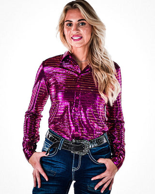 Hot Pink Shimmer Copper Sequins Pullover Button Up by Cowgirl Tuff – Apparel from Bronco Western Supply Co.