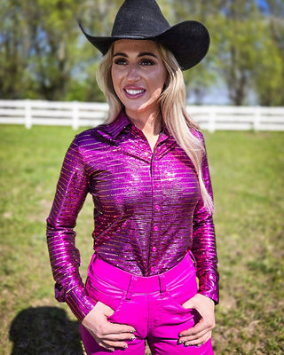 Hot Pink Shimmer Copper Sequins Pullover Button Up by Cowgirl Tuff – Apparel from Bronco Western Supply Co.