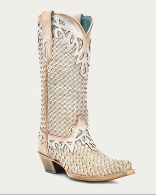 Corral A4505 white snip toe boot with glitter, woven detailing and overlays, full three-quarter view