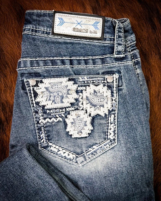 Ivory Patchwork Bootcut Jeans in Medium Dark Wash by Grace in LA – Apparel from Bronco Western Supply Co.