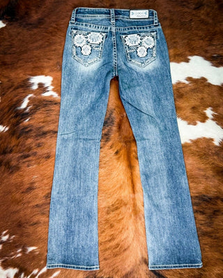 Ivory Patchwork Bootcut Jeans in Medium Dark Wash by Grace in LA – Apparel from Bronco Western Supply Co.