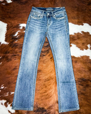 Ivory Patchwork Bootcut Jeans in Medium Dark Wash by Grace in LA – Apparel from Bronco Western Supply Co.