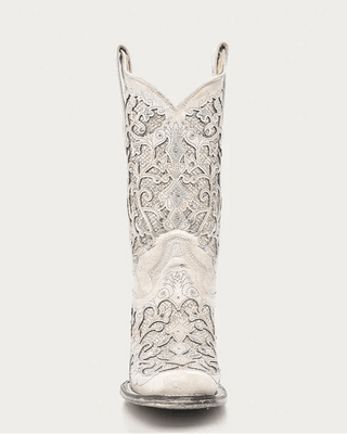 A single white western cowboy boot with intricate silver metallic embroidery and a square toe, shown against a solid off-white background.