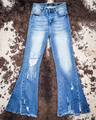 Jordan High Rise Medium Wash Distressed Flare Jeans – Apparel from Bronco Western Supply Co.