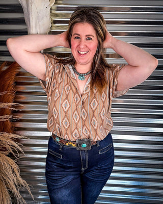 Josie Khaki Aztec Dolman Short Sleeve Button Down Top – Apparel from Bronco Western Supply Co.