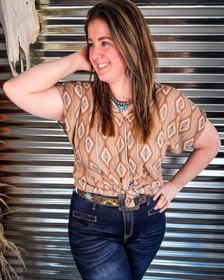 Josie Khaki Aztec Dolman Short Sleeve Button Down Top – Apparel from Bronco Western Supply Co.