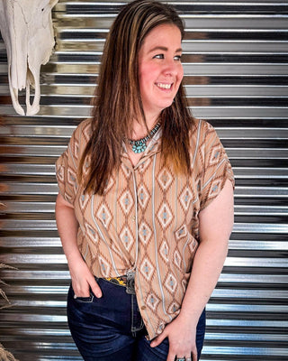 Josie Khaki Aztec Dolman Short Sleeve Button Down Top – Apparel from Bronco Western Supply Co.