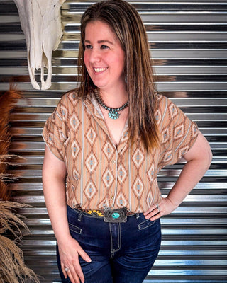 Josie Khaki Aztec Dolman Short Sleeve Button Down Top – Apparel from Bronco Western Supply Co.