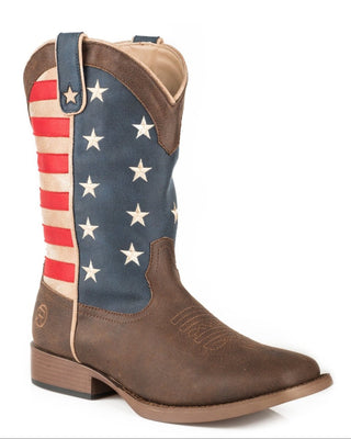 Roper American Patriot kids' boot with a brown faux leather vamp, red white and blue American flag shaft, square toe and low heel