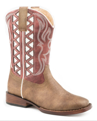 Scarlet Big Kids boot by Roper with a brown faux leather vamp and red shaft, showing contrasting white zigzag accents, western stitching and a square toe