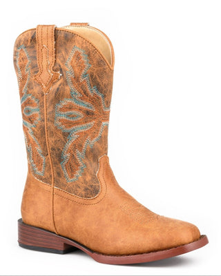 Sienna Big Kids boot by Roper in vintage tan faux leather, showing contrasting western stitching, overlaid pull tabs, a wide square toe and low heel