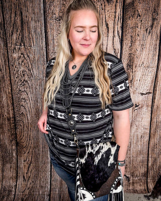 Krista Black Aztec Print Short Sleeve V - Neck Top – Apparel from Bronco Western Supply Co.
