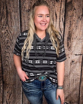 Krista Black Aztec Print Short Sleeve V - Neck Top – Apparel from Bronco Western Supply Co.