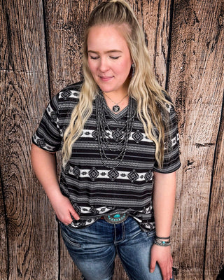 Krista Black Aztec Print Short Sleeve V - Neck Top – Apparel from Bronco Western Supply Co.