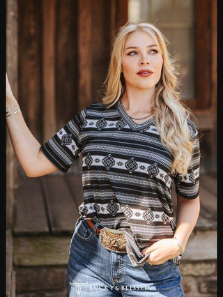 Krista Black Aztec Print Short Sleeve V - Neck Top – Apparel from Bronco Western Supply Co.